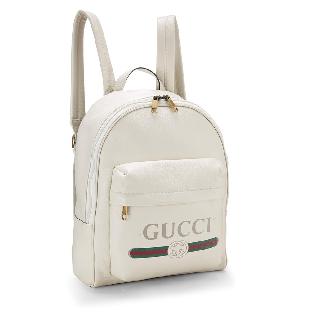 Gucci Cream White Leather Gucci Print Backpack